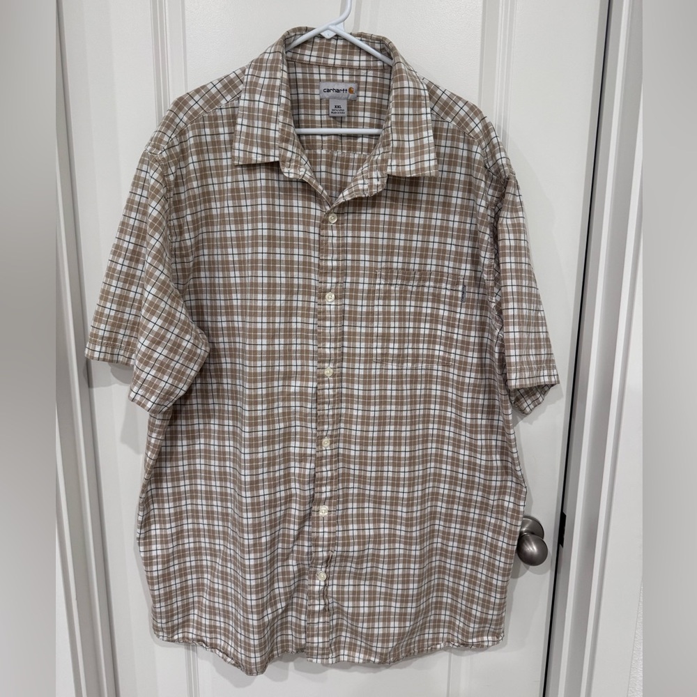 Carhartt Men's Tan and White Plaid Shirt